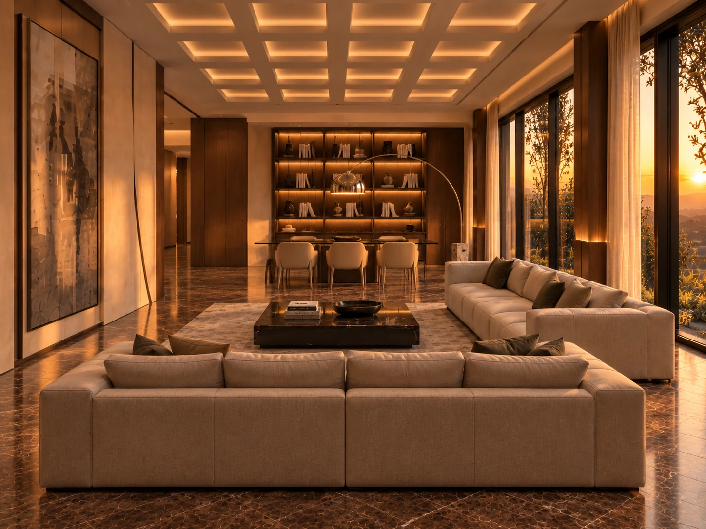 Visualizzazione di progetto del grande living della residenza al Vomero